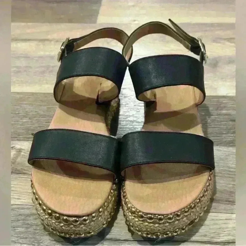 Seven Dials Berenice Black Strappy Studded Platform Espadrille Sandals Size 8.5